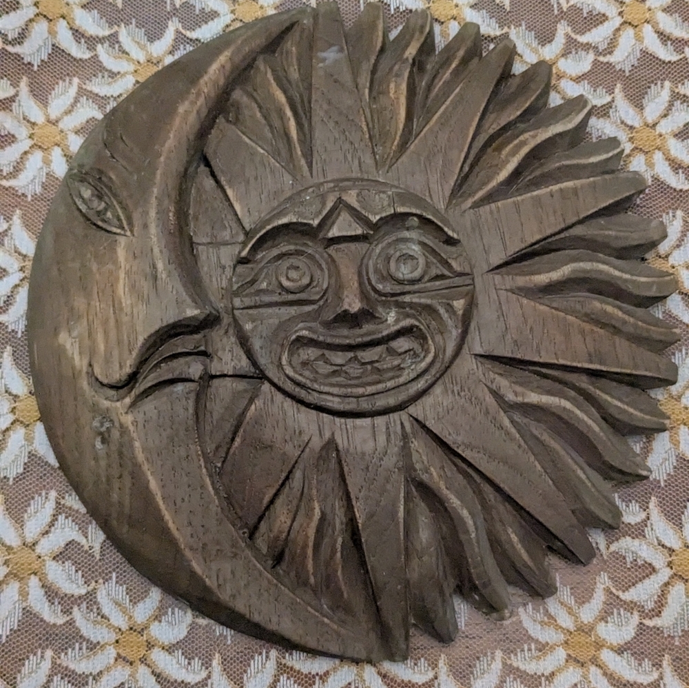 Hand Carved Wooden Aztec Moon & Sun Vintage Incan Aztec sun god wall hanging